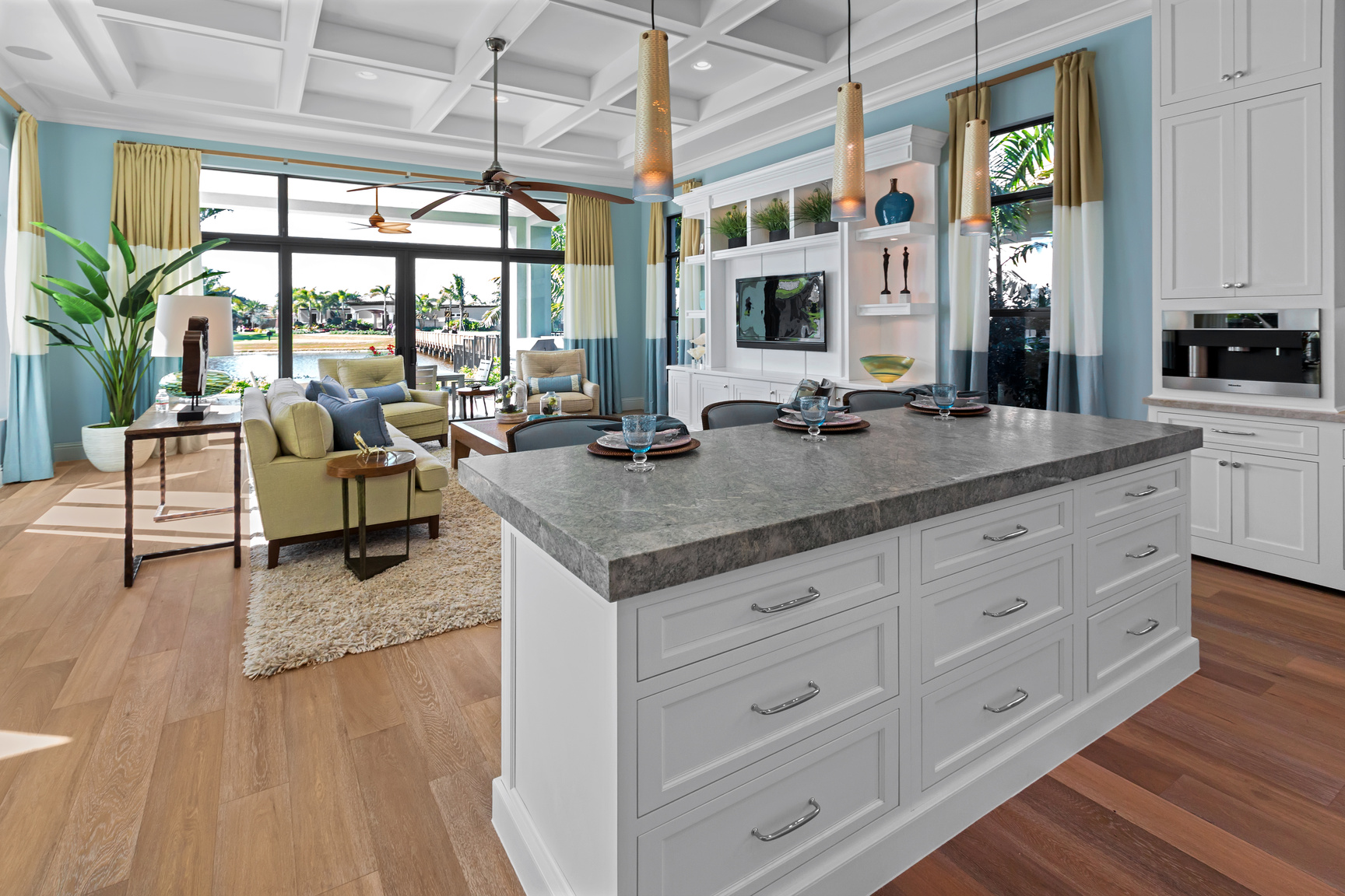 A granite counter in newly remodeled kitchen and den.